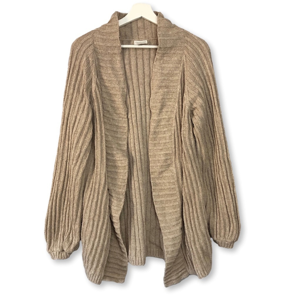 Garnet Hill Beige Organic Cotton Ribbed Knit Cardigan Medium